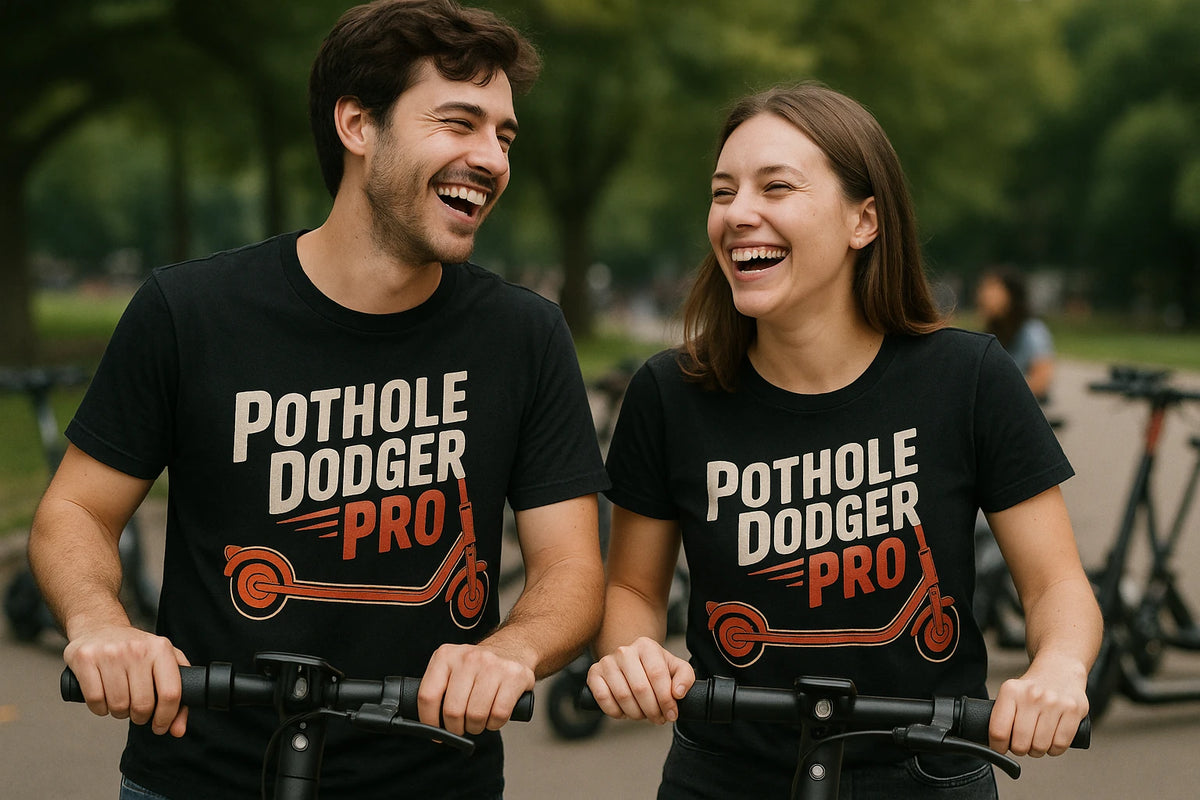 Person wearing the black electric scooter t shirt graphic tee - "Pothole Dodger Pro" design