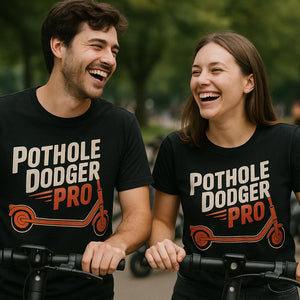 Person wearing the black electric scooter t shirt graphic tee - "Pothole Dodger Pro" design