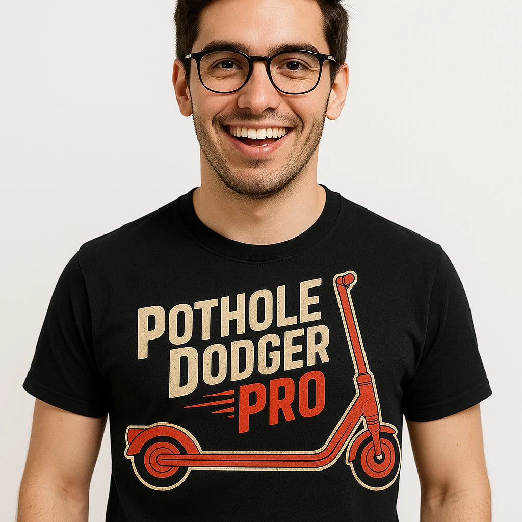 Close-up of the "Pothole Dodger Pro" beige print on a premium Bella+Canvas black electric scooter t shirt