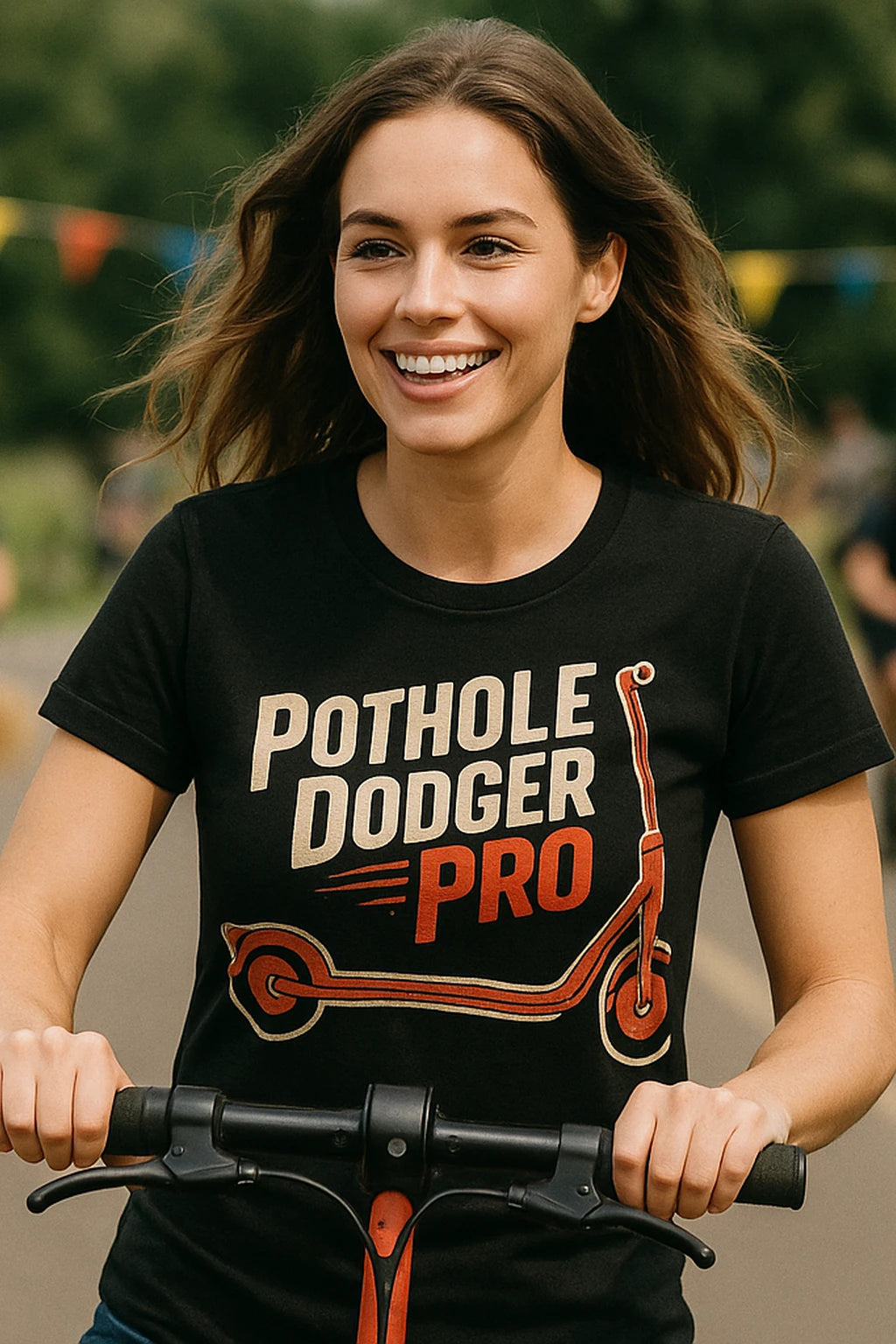 "Pothole Dodger Pro" black electric scooter t shirt, photographed as electric scooter lover gift