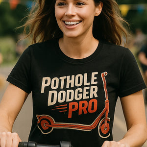 "Pothole Dodger Pro" black electric scooter t shirt, photographed as electric scooter lover gift