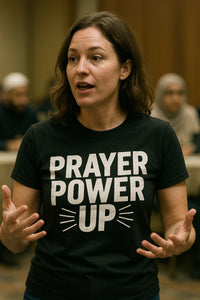 A person with shoulder-length brown hair is wearing a black T-shirt with the words 