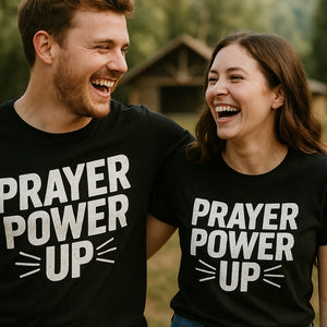 Person wearing the black faith shirts graphic tee - "Prayer Power Up" design