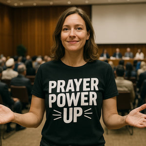 Lifestyle shot of the "Prayer Power Up" black faith shirts in a real-world setting