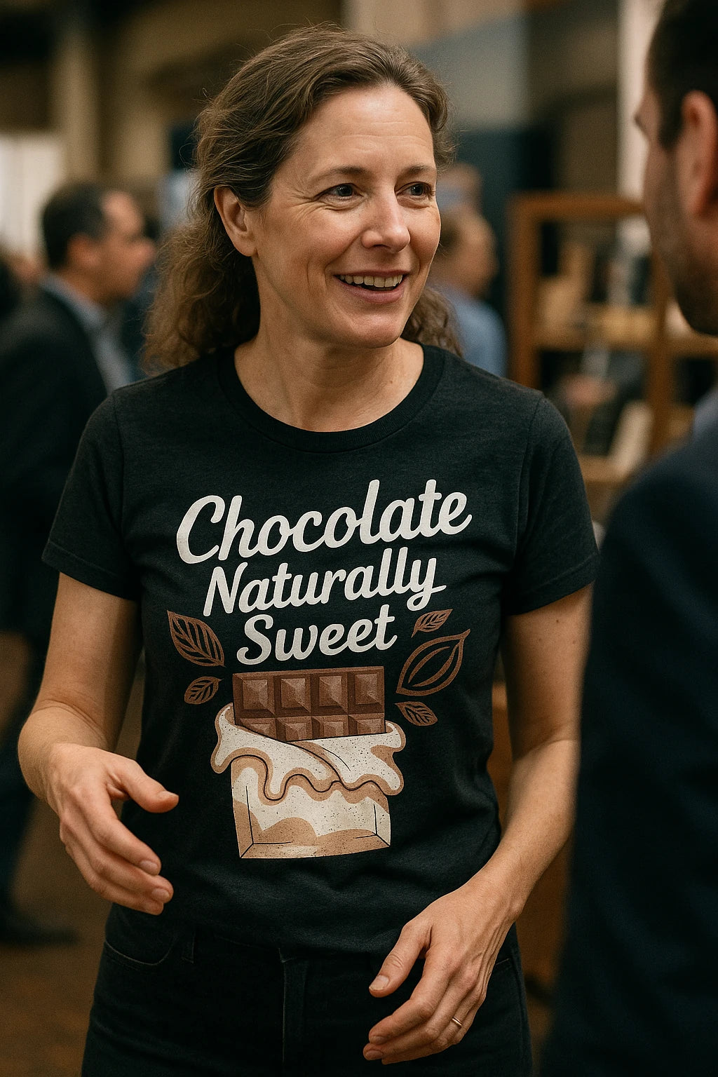 "Chocolate Naturally Sweet" black chocolatier t shirt, photographed as gifts for chocolatiers