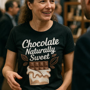 "Chocolate Naturally Sweet" black chocolatier t shirt, photographed as gifts for chocolatiers