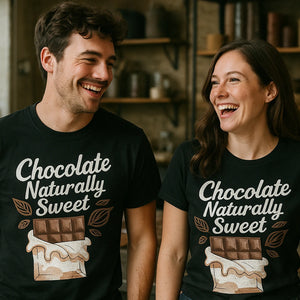 Person wearing the black chocolatier t shirt graphic tee - "Chocolate Naturally Sweet" design