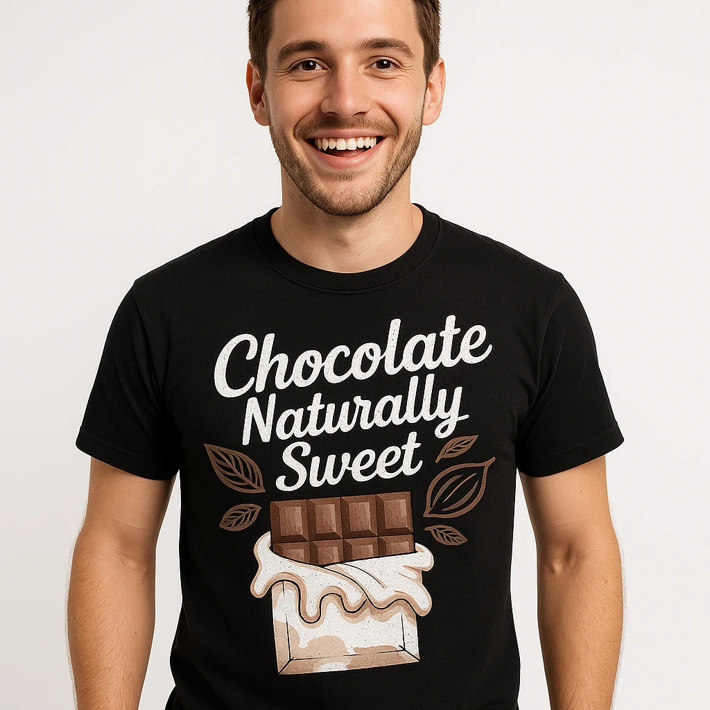Close-up of the "Chocolate Naturally Sweet" white print on a premium Bella+Canvas black chocolatier t shirt