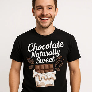 Close-up of the "Chocolate Naturally Sweet" white print on a premium Bella+Canvas black chocolatier t shirt