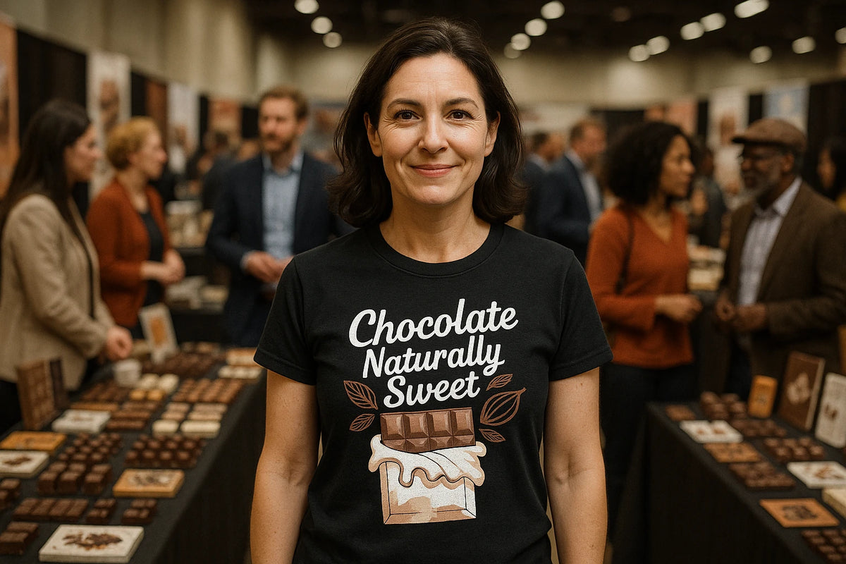 Lifestyle shot of the "Chocolate Naturally Sweet" black chocolatier t shirt in a real-world setting