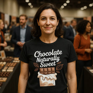 Lifestyle shot of the "Chocolate Naturally Sweet" black chocolatier t shirt in a real-world setting