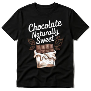 Black Chocolatier T Shirt - "Chocolate Naturally Sweet" graphic tee with white print, flat lay product photo