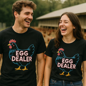 Person wearing the black chicken shirts graphic tee - "Egg Dealer" design