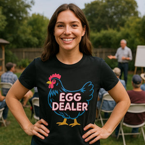 Lifestyle shot of the "Egg Dealer" black chicken shirts in a real-world setting