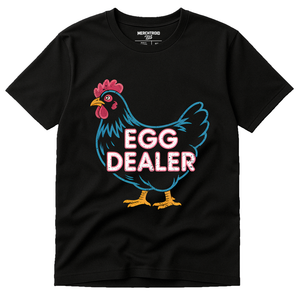 Black Chicken Shirts - "Egg Dealer" graphic tee with gray print, flat lay product photo