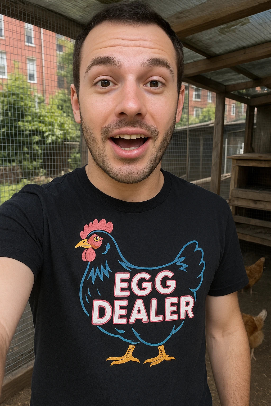 "Egg Dealer" black chicken shirts - also a chicken shirt for ladies