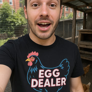"Egg Dealer" black chicken shirts - also a chicken shirt for ladies