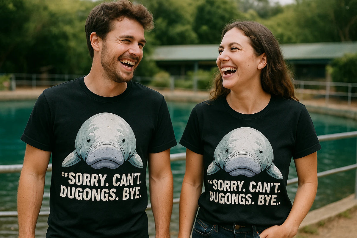 Person wearing the black dugong t shirt graphic tee - "Sorry. Can'T. Dugongs. Bye." design