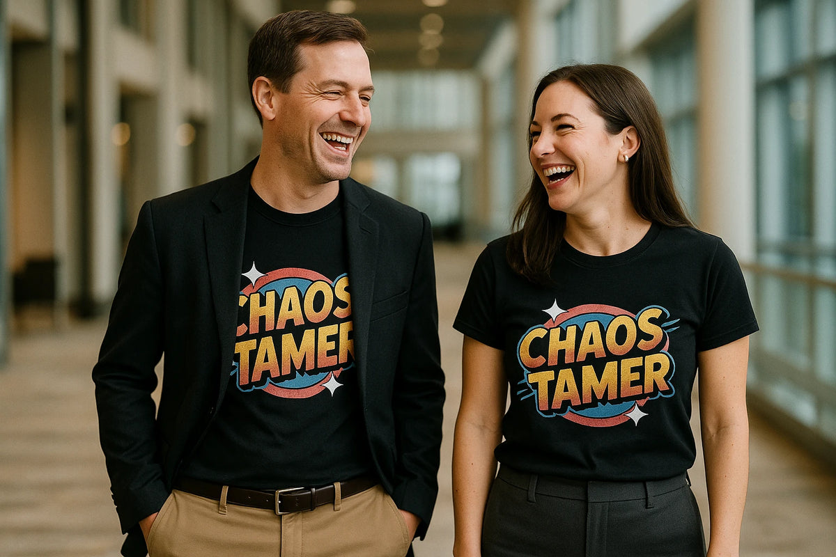 Person wearing the black wedding planner t shirt graphic tee - "Chaos Tamer" design
