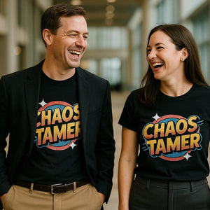 Person wearing the black wedding planner t shirt graphic tee - "Chaos Tamer" design