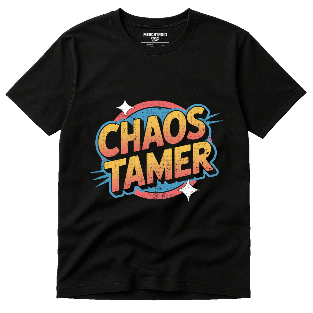 Black Wedding Planner T Shirt - "Chaos Tamer" graphic tee with gold print, flat lay product photo