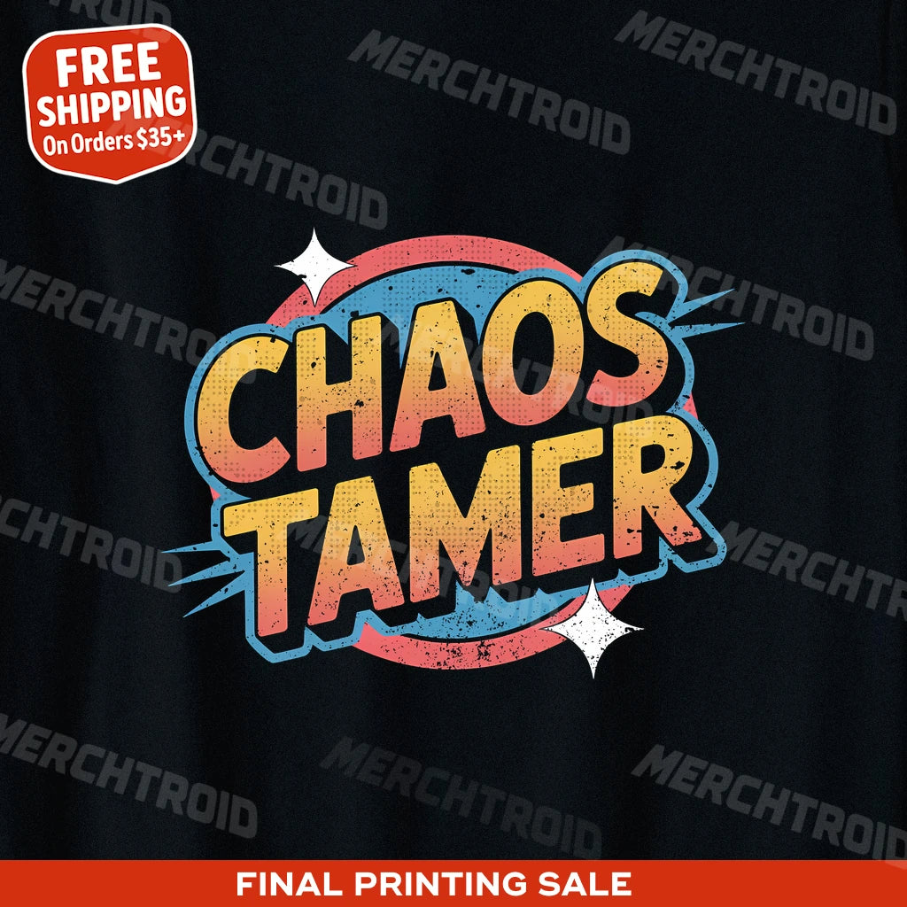 "Chaos Tamer" black wedding planner t shirt, photographed as gifts for event planners