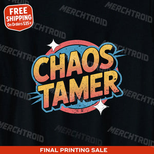 "Chaos Tamer" black wedding planner t shirt, photographed as gifts for event planners