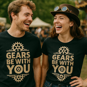 Person wearing the black steampunk shirts graphic tee - "Gears Be With You" design
