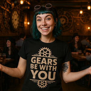 Lifestyle shot of the "Gears Be With You" black steampunk shirts in a real-world setting