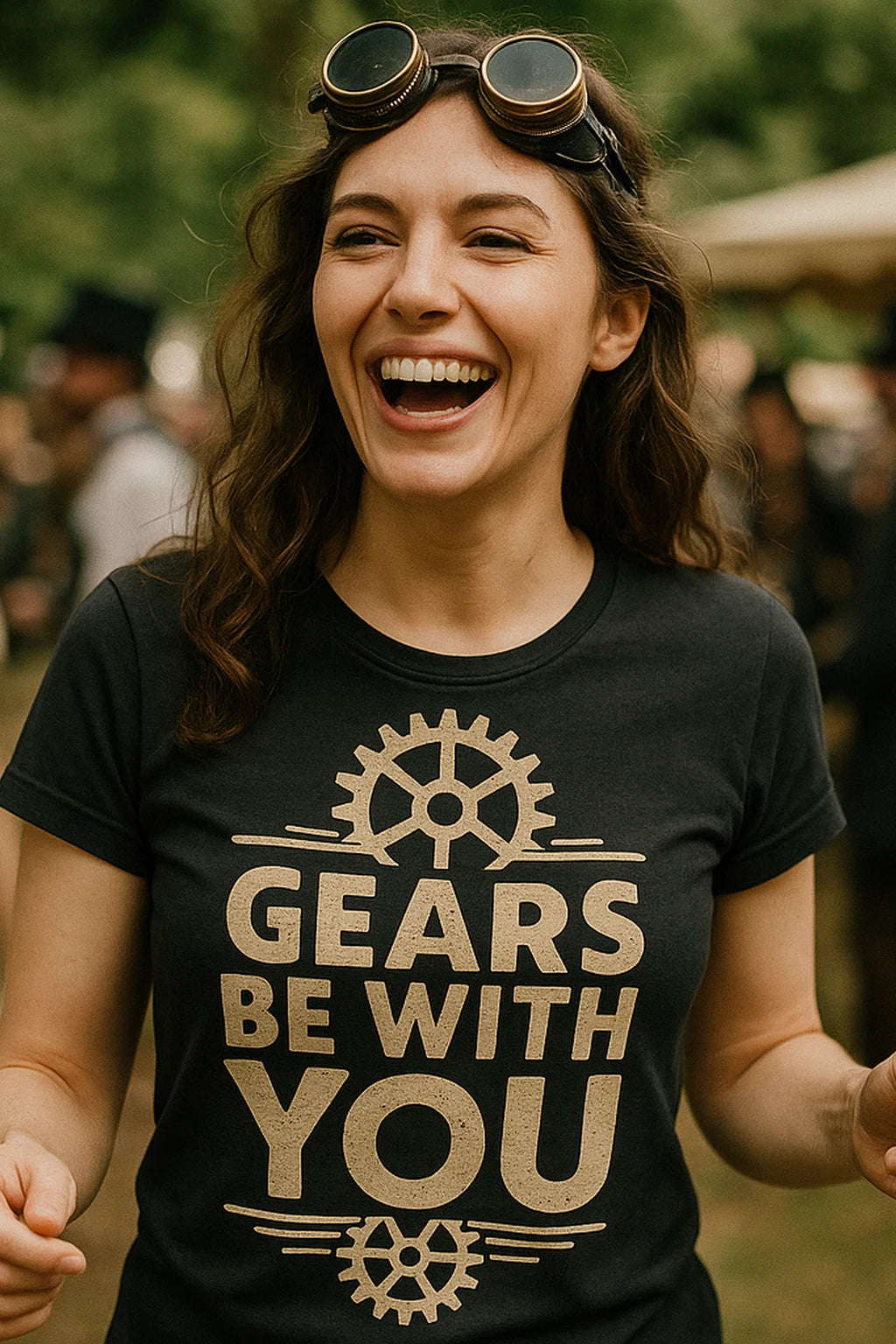 "Gears Be With You" black steampunk shirts, photographed as steampunk lover gift