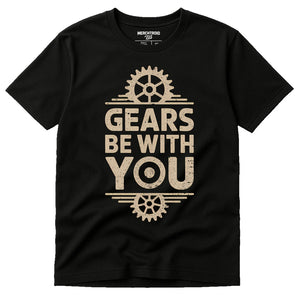 Black Steampunk Shirts - "Gears Be With You" graphic tee with tan print, flat lay product photo