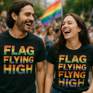 Person wearing the black lgbtq t shirt graphic tee - "Flag Flying High" design