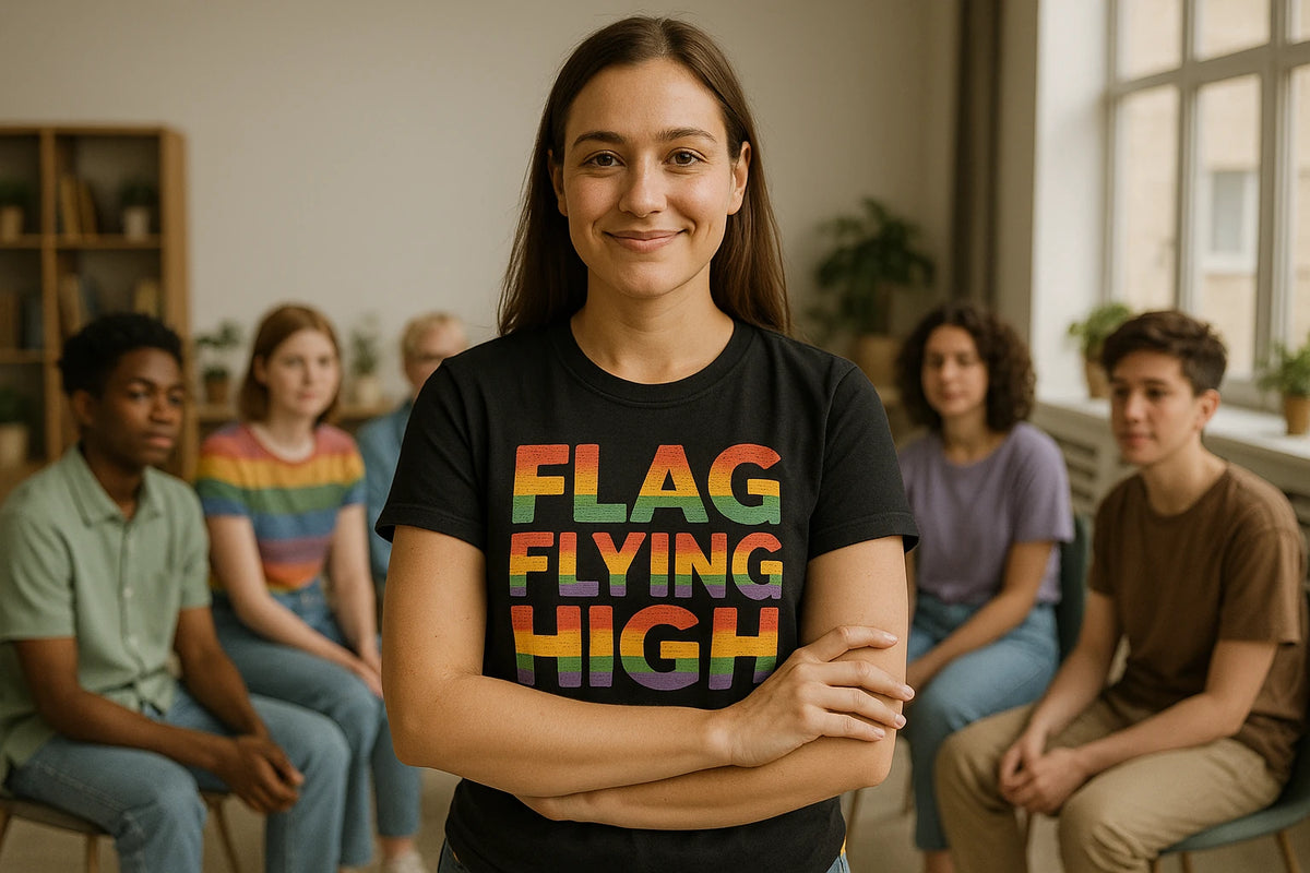 Lifestyle shot of the "Flag Flying High" black lgbtq t shirt in a real-world setting