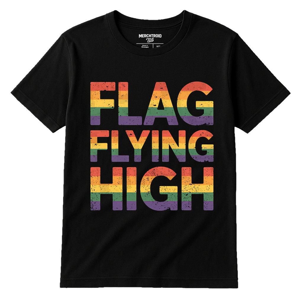 Black Lgbtq T Shirt - "Flag Flying High" graphic tee with orange print, flat lay product photo