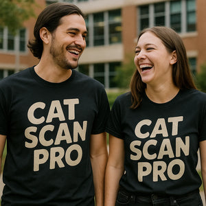 Person wearing the black veterinarian t shirt graphic tee - "Cat Scan Pro" design