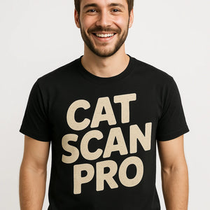 Close-up of the "Cat Scan Pro" beige print on a premium Bella+Canvas black veterinarian t shirt
