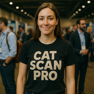 Lifestyle shot of the "Cat Scan Pro" black veterinarian t shirt in a real-world setting