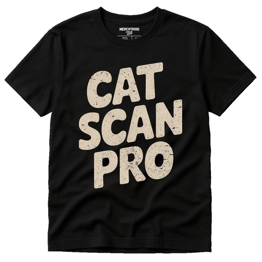 Black Veterinarian T Shirt - "Cat Scan Pro" graphic tee with beige print, flat lay product photo