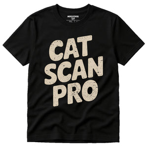 Black Veterinarian T Shirt - "Cat Scan Pro" graphic tee with beige print, flat lay product photo