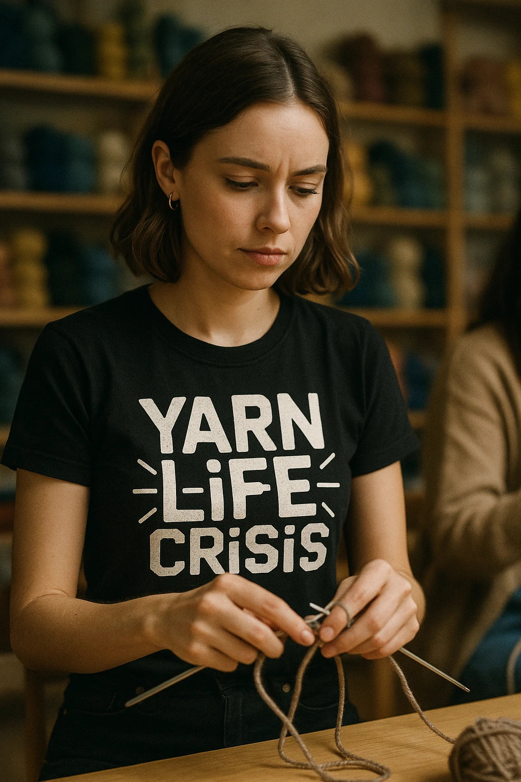 "Yarn Life Crisis" black knitting shirts, photographed as gifts for knitting lovers