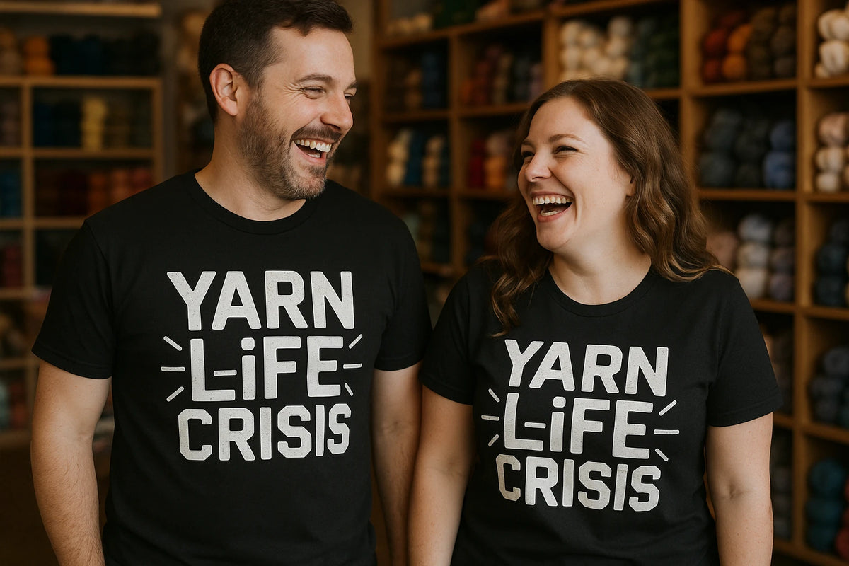 Person wearing the black knitting shirts graphic tee - "Yarn Life Crisis" design