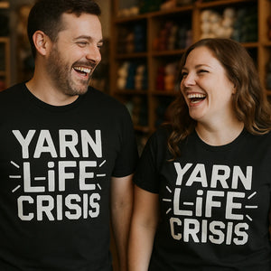 Person wearing the black knitting shirts graphic tee - "Yarn Life Crisis" design