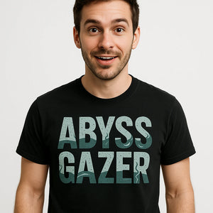 Close-up of the "Abyss Gazer" light gray print on a premium Bella+Canvas black marine biology shirts