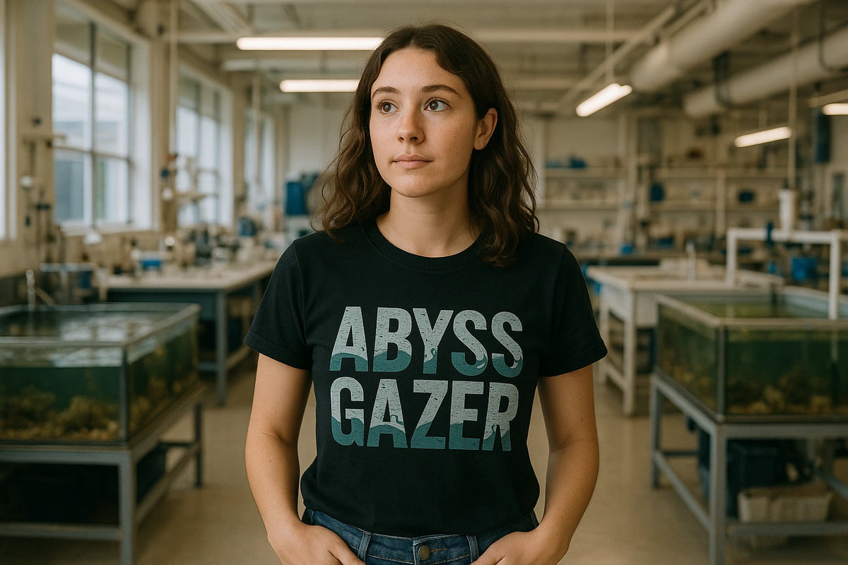 Lifestyle shot of the "Abyss Gazer" black marine biology shirts in a real-world setting