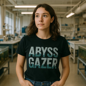 Lifestyle shot of the "Abyss Gazer" black marine biology shirts in a real-world setting