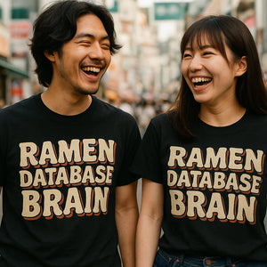 Person wearing the black tokyo japan t shirt graphic tee - "Ramen Database Brain" design