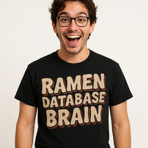 Close-up of the "Ramen Database Brain" tan print on a premium Bella+Canvas black tokyo japan t shirt