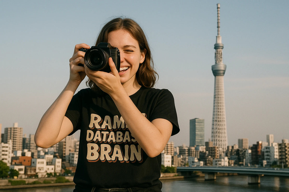 Lifestyle shot of the "Ramen Database Brain" black tokyo japan t shirt in a real-world setting