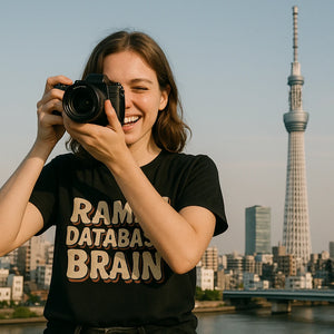 Lifestyle shot of the "Ramen Database Brain" black tokyo japan t shirt in a real-world setting