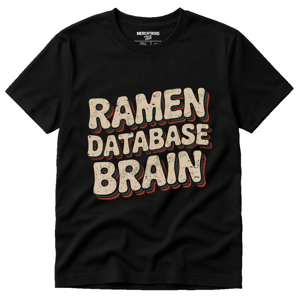 Black Tokyo Japan T Shirt - "Ramen Database Brain" graphic tee with tan print, flat lay product photo